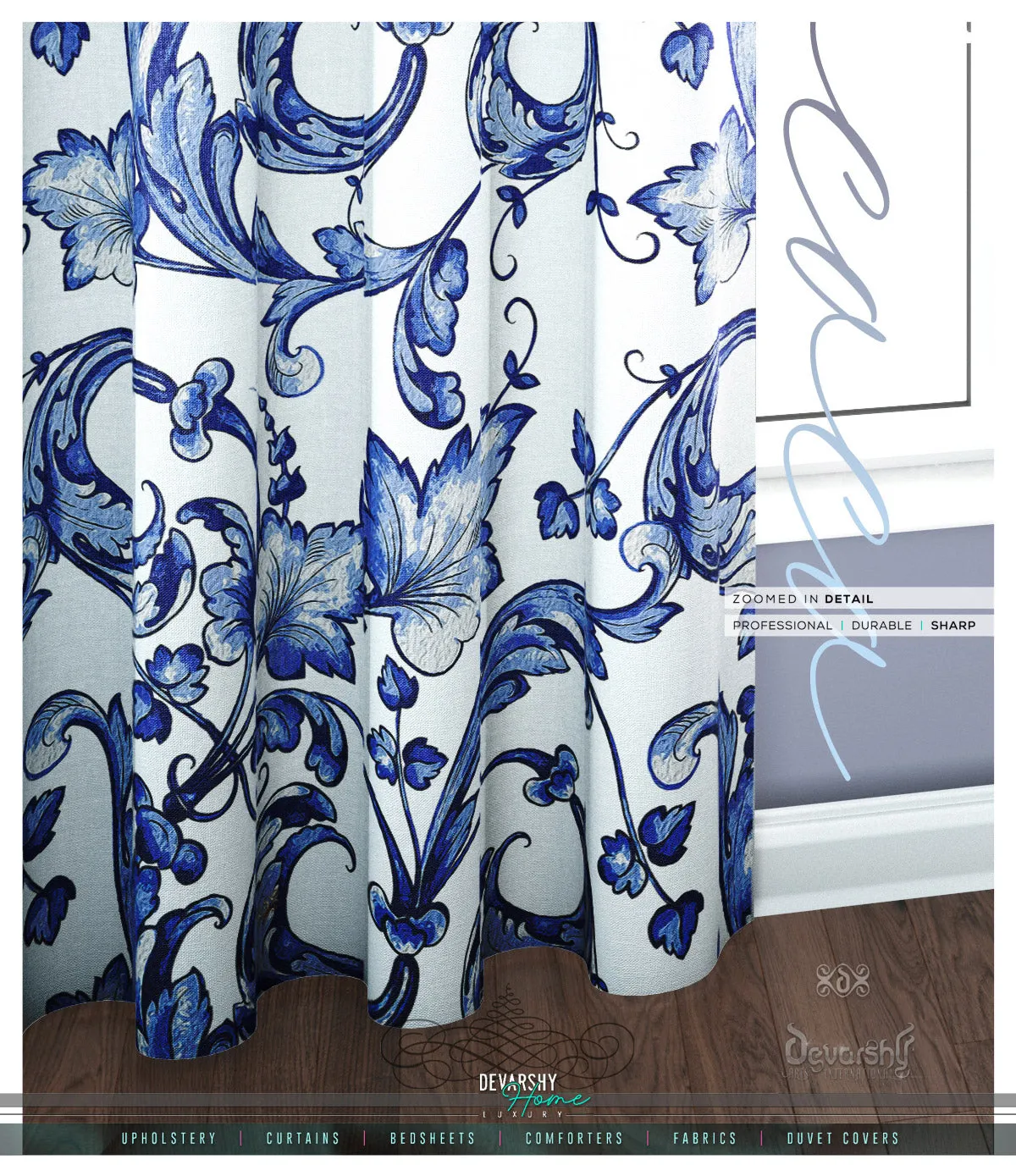 Ornate Blue Swirls PREMIUM Curtain Panel. Available on 12 Fabrics. Made to Order. 10004