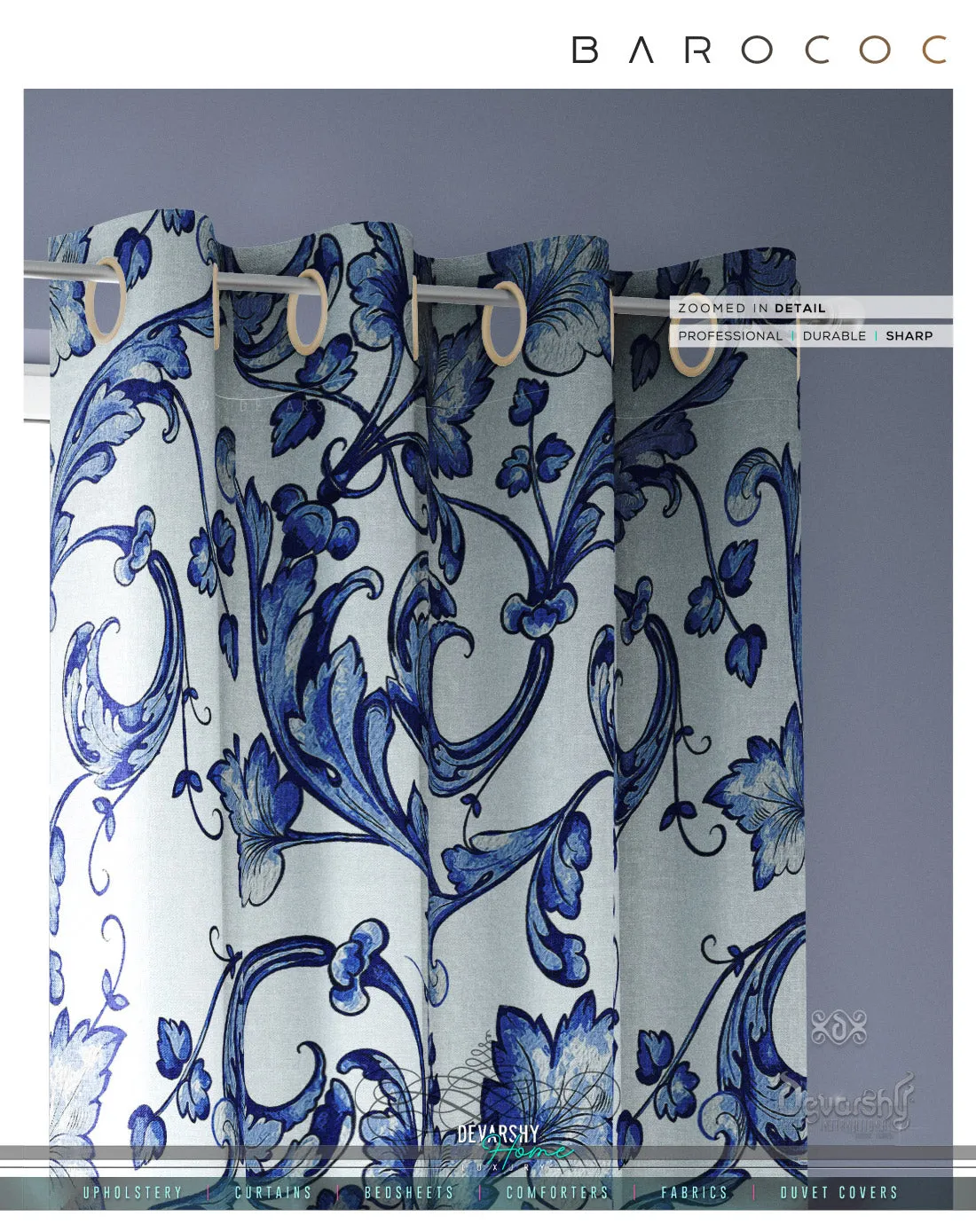 Ornate Blue Swirls PREMIUM Curtain Panel. Available on 12 Fabrics. Made to Order. 10004