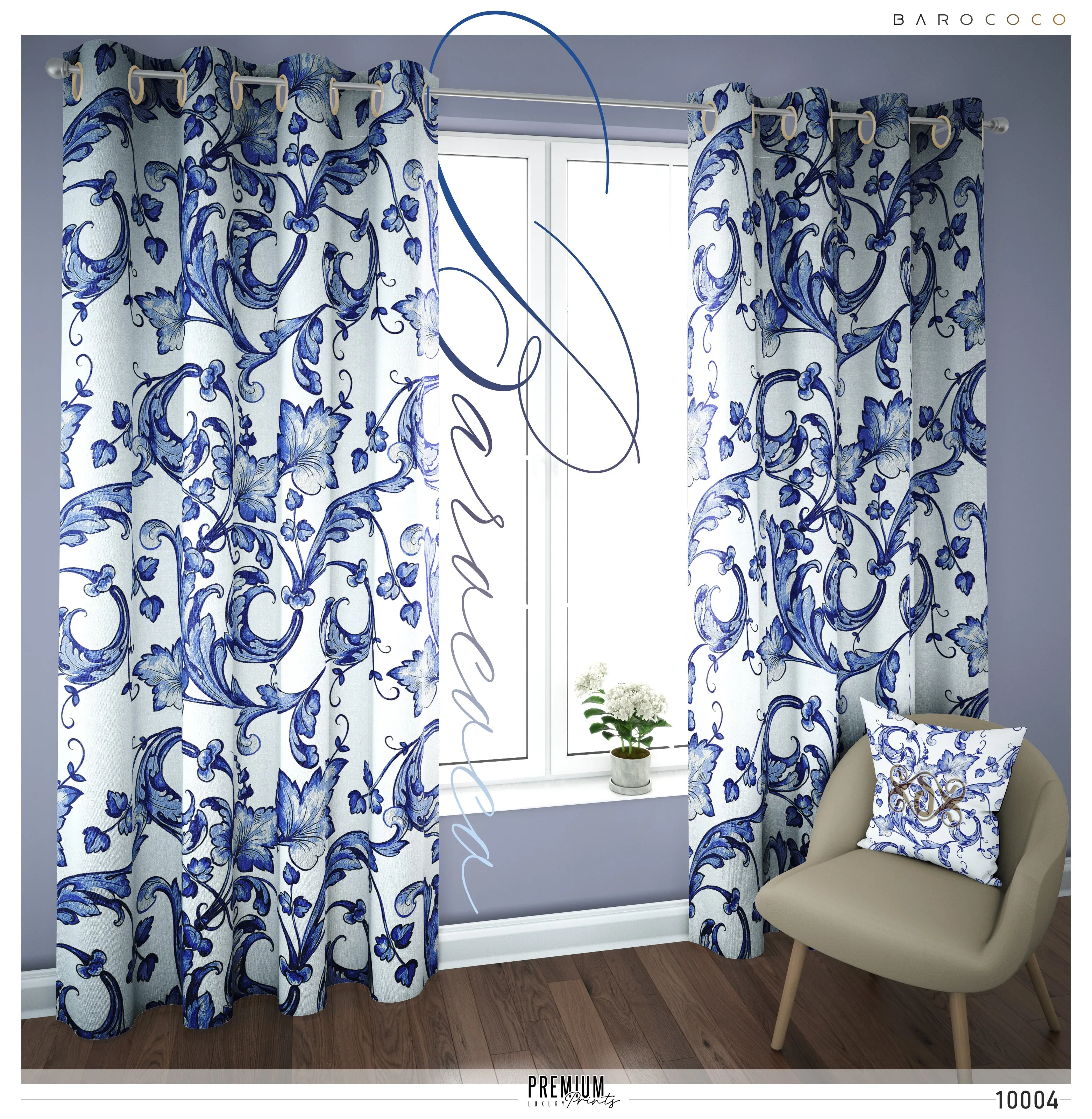 Ornate Blue Swirls PREMIUM Curtain Panel. Available on 12 Fabrics. Made to Order. 10004