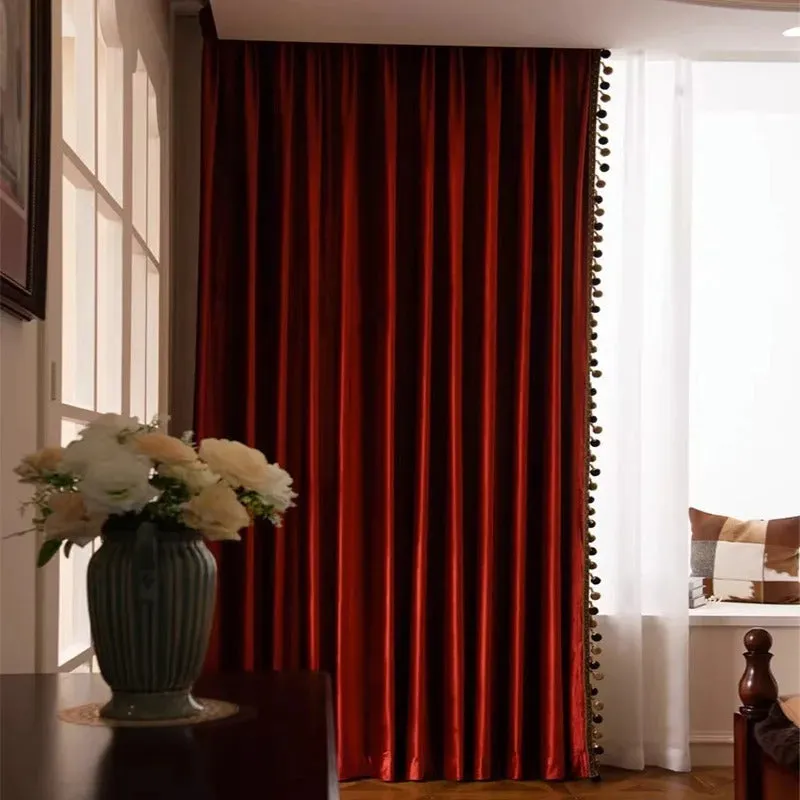 Rémy Luxury European Pompom Lace Velvet Curtains - Dark Red