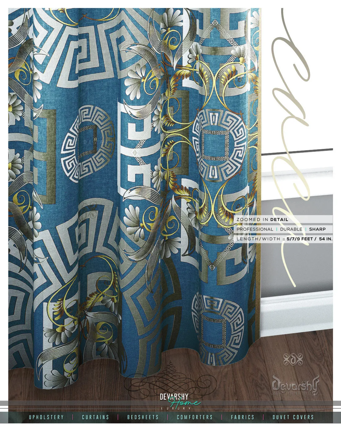 ROCOCO Turquoise PREMIUM Curtain Panel. Available on 12 Fabrics. Made To Order. 10013