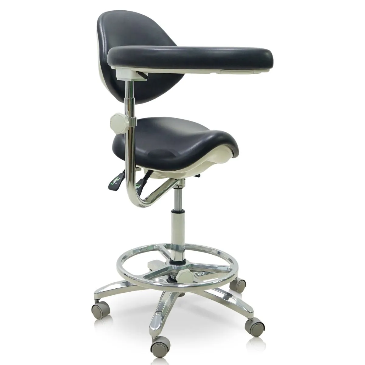 Saddle Style Dental Assistant Stool with Swing Arm and Footrest