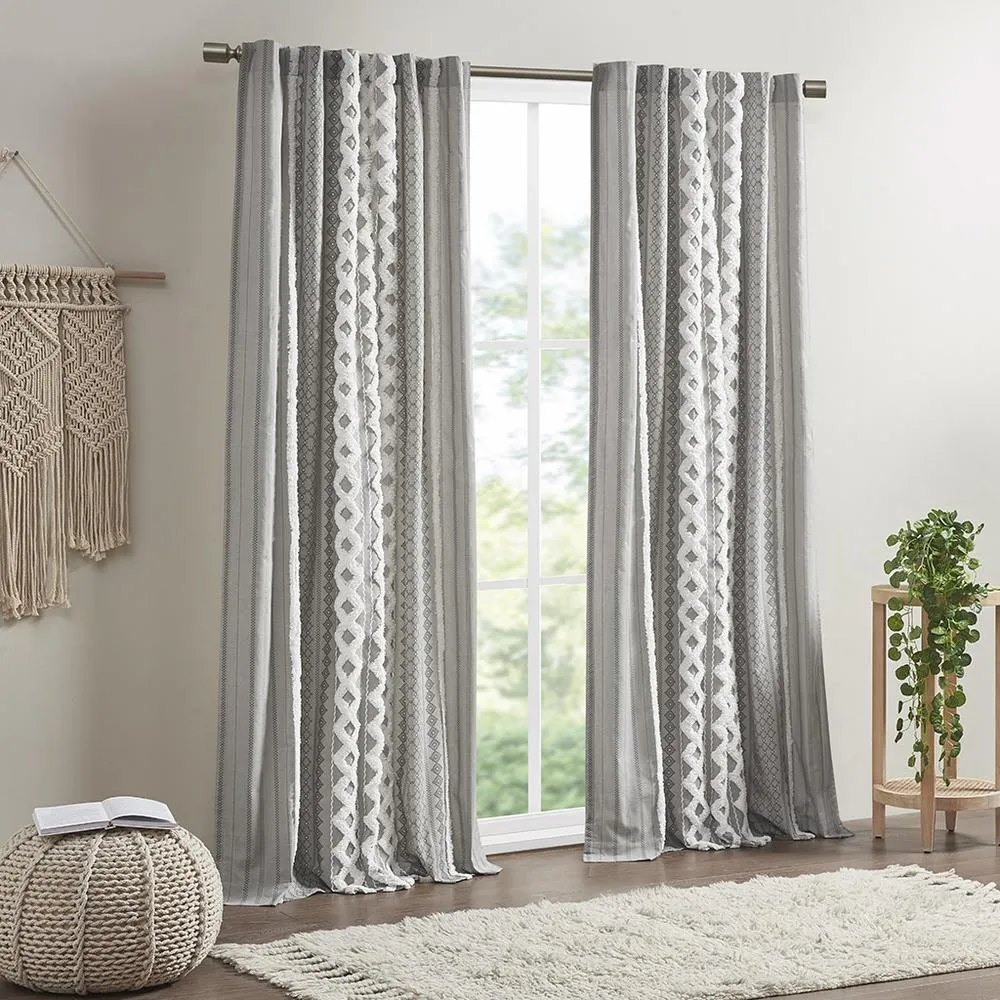 Silver Imani Cotton Printed Curtain Panel with Chenille Stripe and Lining