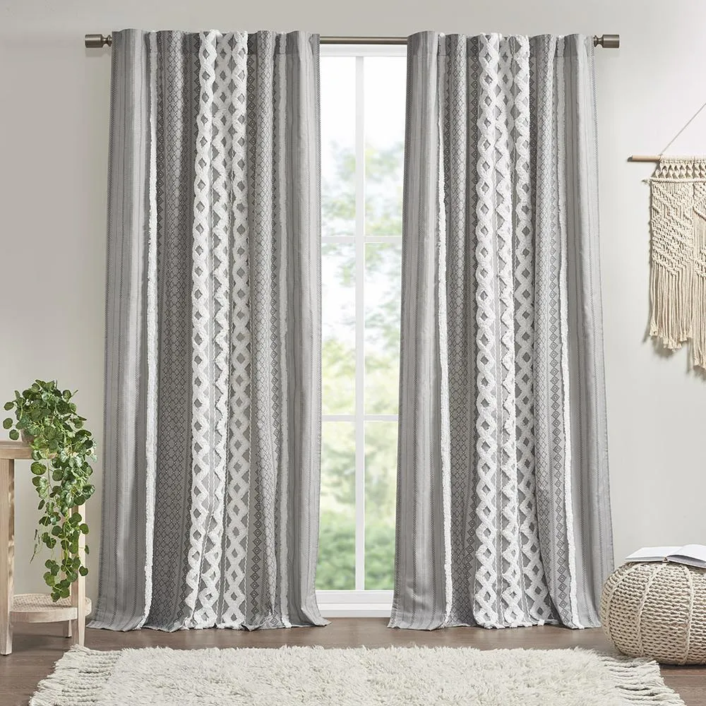 Silver Imani Cotton Printed Curtain Panel with Chenille Stripe and Lining