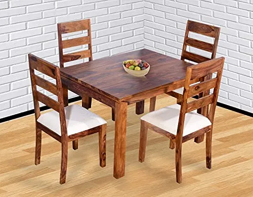 SONA ART & CRAFTS Modern Furniture Solid Sheesham Wood 4 Seater Dining Table Set Dining Table with 4 Cushion Chairs Dinner Table Set for Dinning Room Home,Hotel and Office (Natural Finish)