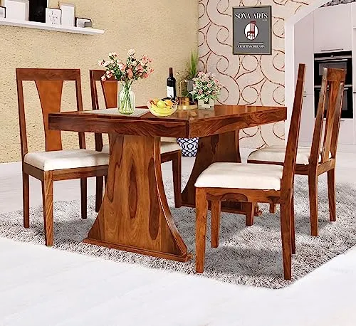 SONA ART & CRAFTS Solid Sheesham Wood 4 Seater Dining Table Set Dining Table with 4 Cushion Chairs Dinner Table Set for Dinning Room Home Hotel and Office (Honey Finish)