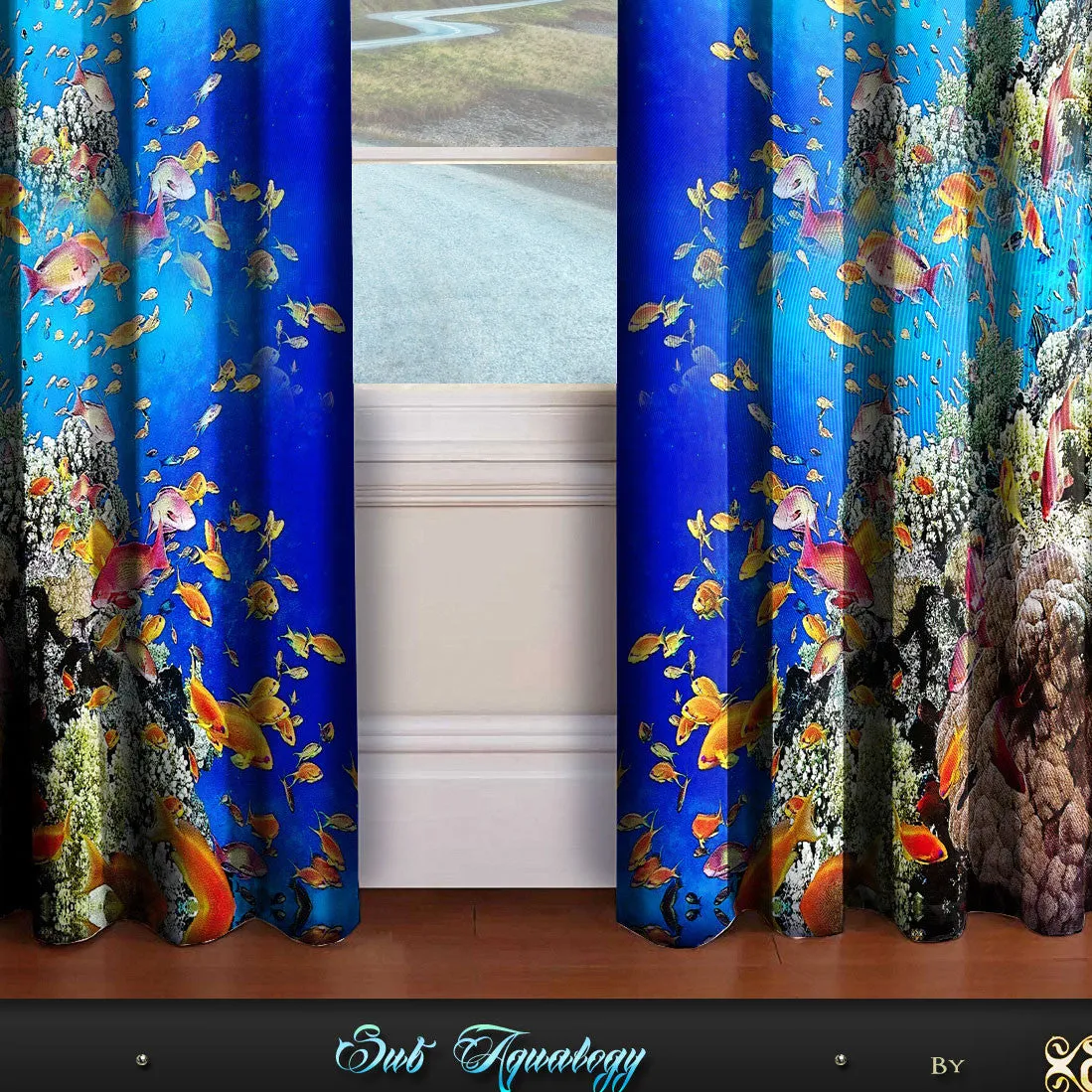 The Blue Underwater Life Printed Whiteout Curtains, 2 Panels - 1264