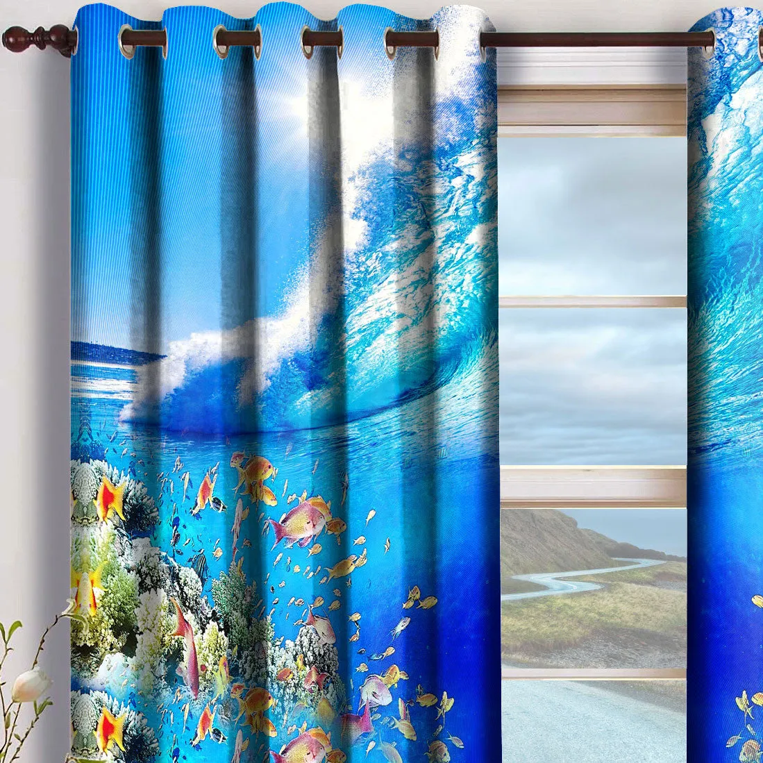 The Blue Underwater Life Printed Whiteout Curtains, 2 Panels - 1264