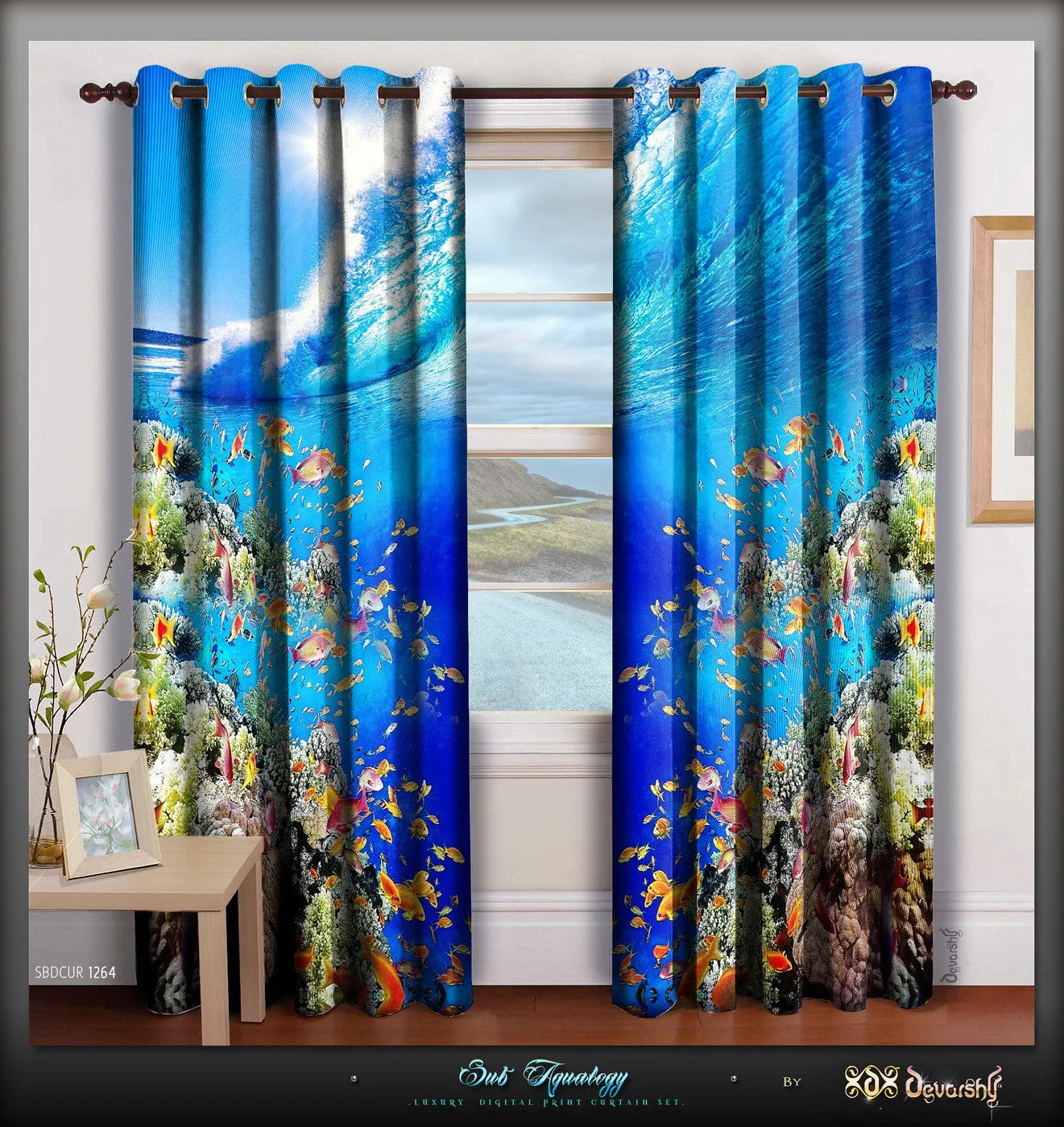 The Blue Underwater Life Printed Whiteout Curtains, 2 Panels - 1264