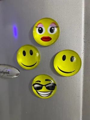 Vital Creations Round Cartoon Emoji Smiley Face Plastic Fridge Magnets Set of 4 (Yellow)