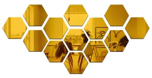 Wall1ders 13, Hexagon Mirror Stickers for Wall, Mirror Stickers for Wall, Acrylic Stickers, Wall Mirror Stickers, Wall Stickers for Bedroom, Hall, Home Offices (Golden)