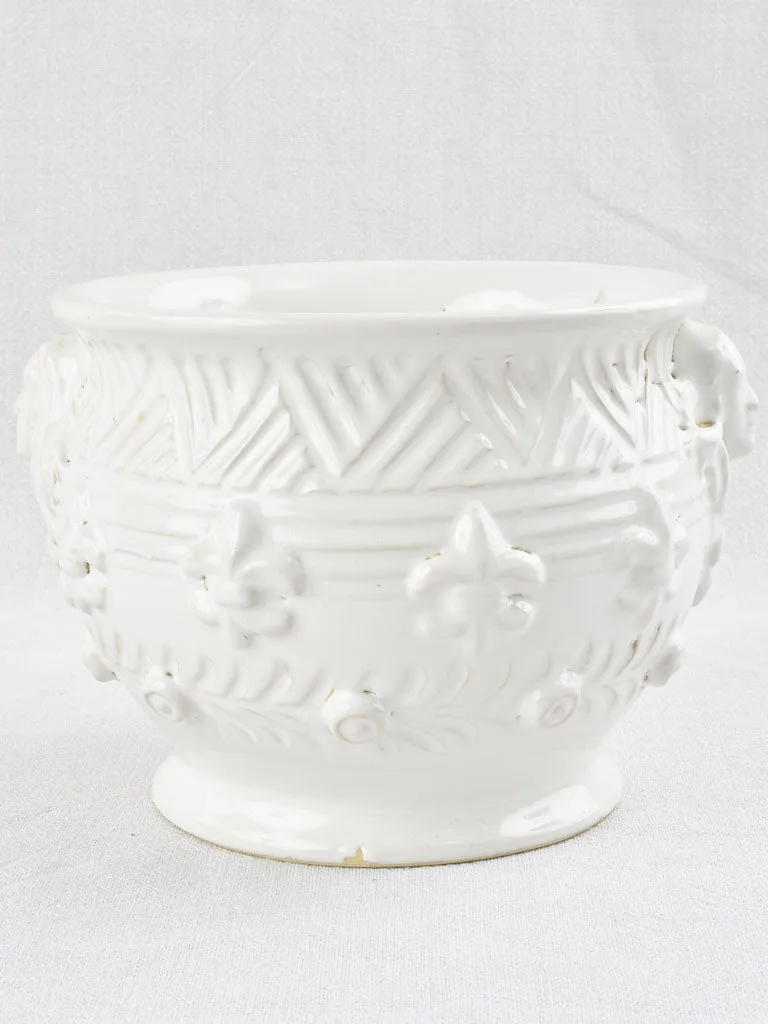 White cachepot / vase with face & fleur-de-lis motifs - Émile Tessier