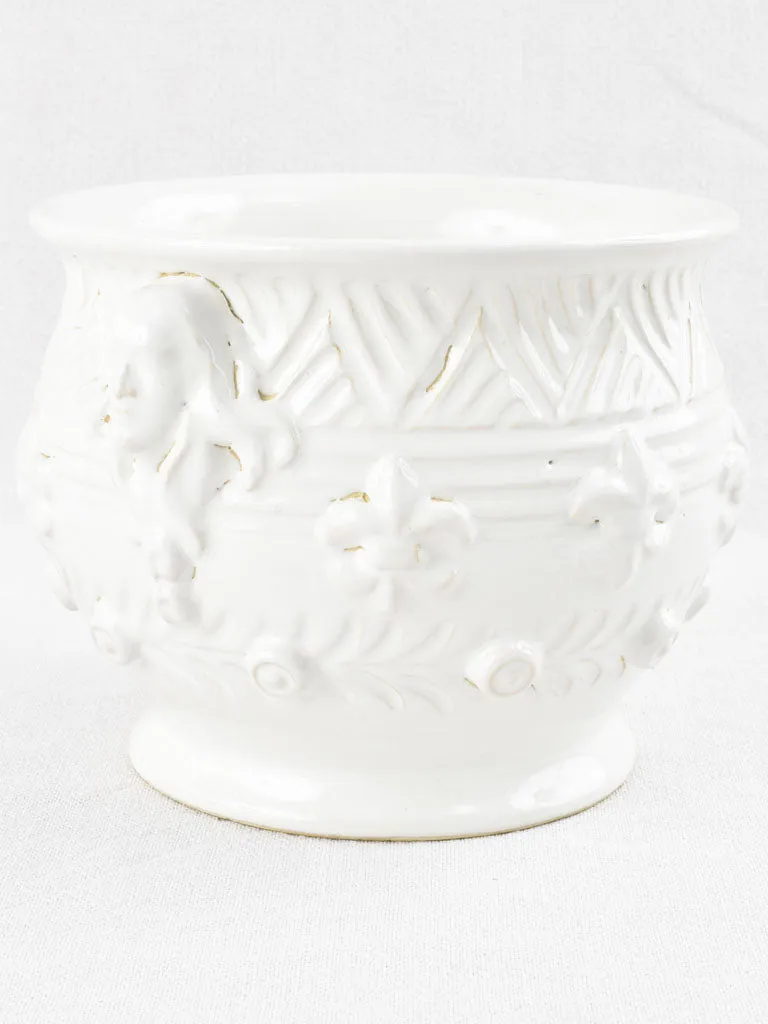 White cachepot / vase with face & fleur-de-lis motifs - Émile Tessier