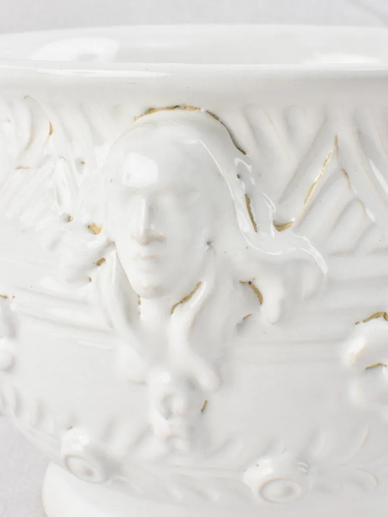 White cachepot / vase with face & fleur-de-lis motifs - Émile Tessier