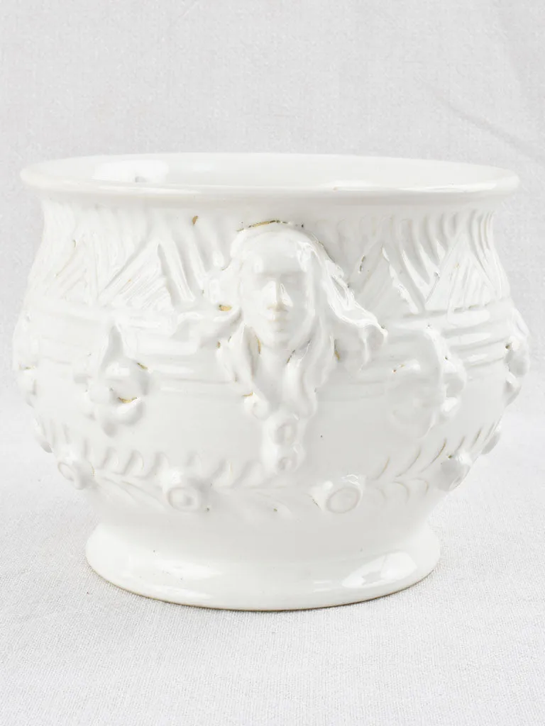 White cachepot / vase with face & fleur-de-lis motifs - Émile Tessier