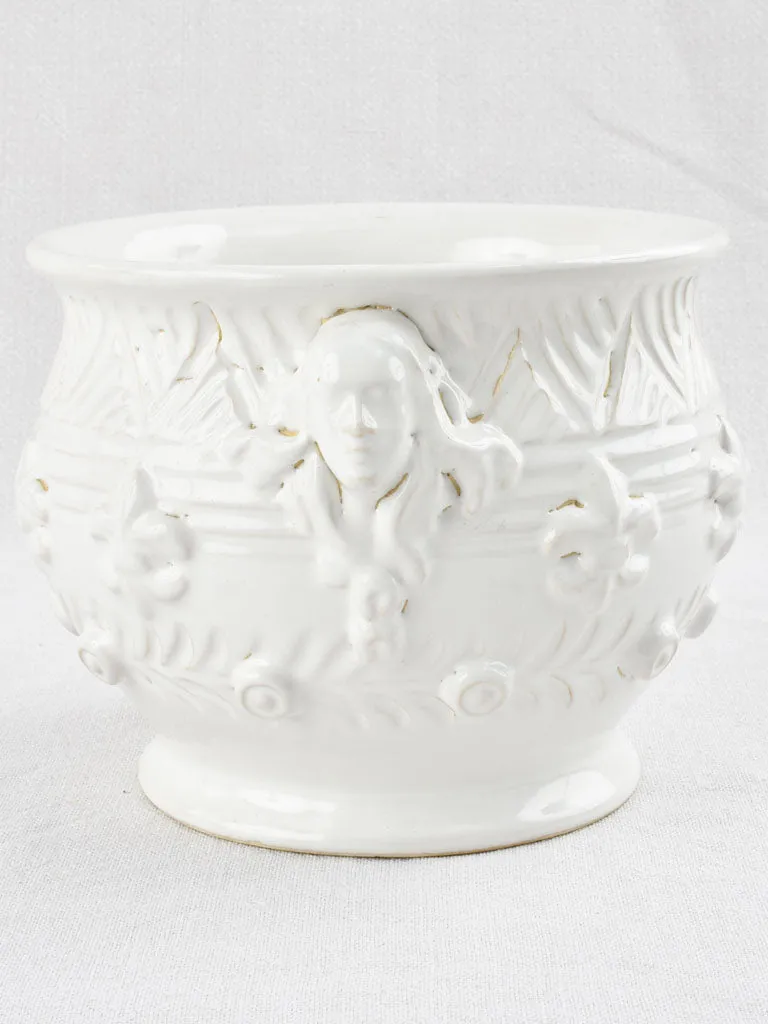 White cachepot / vase with face & fleur-de-lis motifs - Émile Tessier