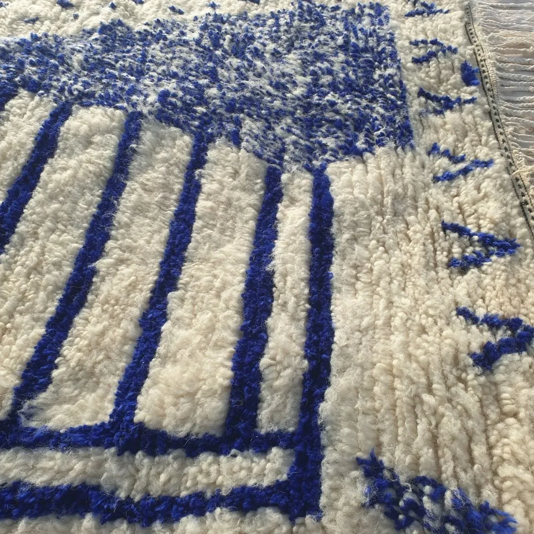 Yalma- White Moroccan Rug 6x9 Azilal Blue strips  | Authentic Handmade Berber Living room Rug | 195x300 cm | 6'40x9'84 ft